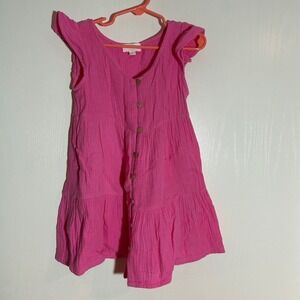 Girls Pink‎ Gauze Ruffle Sleeve Button Front Tiered Dress small